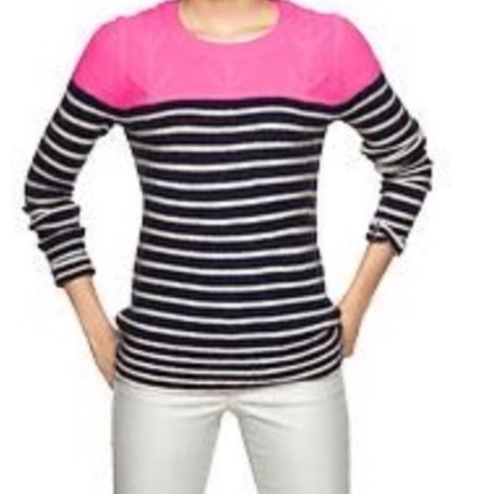 Gap Neon Pink Colorblock Navy Blue & White Striped Sweater M
